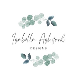 May include: A logo design featuring the name "Isabella Ashford" in elegant script, with the word "DESIGNS" below in a sans-serif font. The design includes watercolor eucalyptus branches in shades of green and blue, arranged above and below the text.
