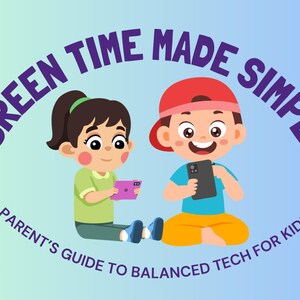 Op de afbeelding: Illustratie met de tekst "SCREEN TIME MADE SIMPLE: A PARENT'S GUIDE TO BALANCED TECH FOR KIDDIES." Twee cartoonkinderen worden getoond, een met een tablet en de ander met een telefoon. Speelgoed en vrachtwagens zijn ook afgebeeld.