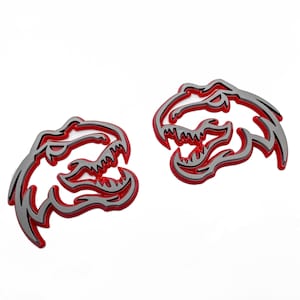 Gray on Red Double Layer Dinosaur Fender Badges | Aggressive Raptor Design for F150, RAM 1500, and More | 2 Premium Badges