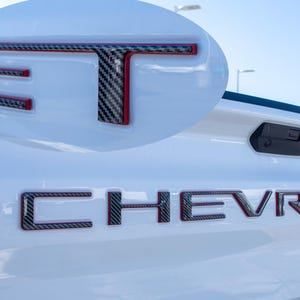 Black Fiber with Red outline Premium 3D Raised Coated Tailgate Letter Inserts Decals Fit With Chevrolet Silverado 2019-2024 Model