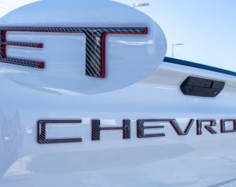 Black Fiber with Red outline Premium 3D Raised Coated Tailgate Letter Inserts Decals Fit With Chevrolet Silverado 2019-2026 Model