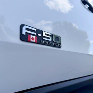 May include: Close-up of a white vehicle's side panel featuring a black and silver emblem. The emblem reads "F-150 LIGHT DUTY" and includes a Canadian flag. The background shows a blue sky with clouds.