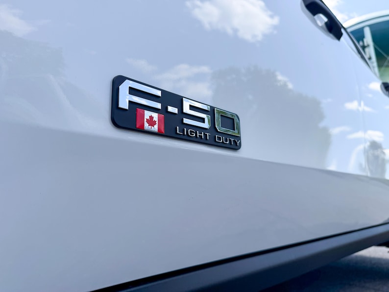 May include: Close-up of a white vehicle's side panel featuring a black and silver emblem. The emblem reads "F-150 LIGHT DUTY" and includes a Canadian flag. The background shows a blue sky with clouds.