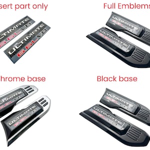 May include: A selection of car emblems featuring the text "ULTIMATE 6.6L V8". The image displays different emblem styles: insert-only, full emblems, chrome base, and black base. The text is in white and red.