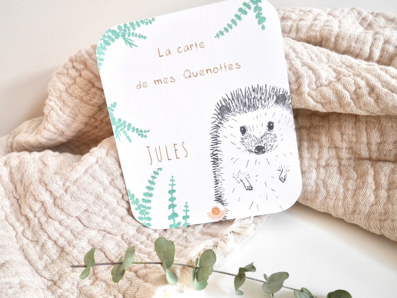 Carte à quenottes, Carte dents bébé, Carte artisanale, Animaux, Hérisson, Souvenir, Cadeau, Noël Vert Amande