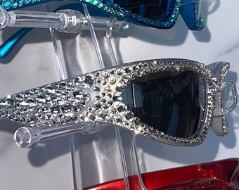 Bling Sunglasses, Mirror Wrap Around or Shield Style | Hand Covered Crystals High Quality, Brilliant Sparkle, Many color options ft. Silver