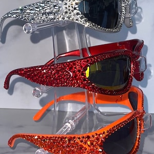 Red Crystal Bling Sunglasses, Wrap Around, Space Mirrored Lenses | Hand Crystaled | Adult, Unisex | Fast US Shipping