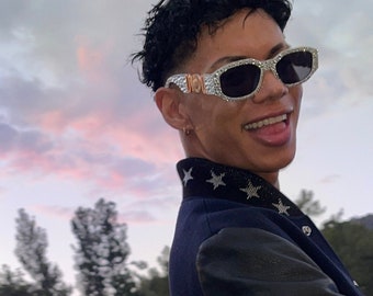 Crystal Sunglasses ft. Silver, Red, AB Unicorn | Unisex, Rectangle Octagon Shape, Gold Medallion | Rave, Festivals, Concert, Pride Accessory