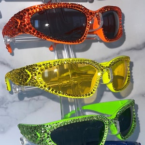 Bright Yellow Fashion Bling Sunnies | Crystal Space Wrap Around Sunglasses | Unique Gift | A Vibe for Ravers, Concerts, Festivals, Club Wear