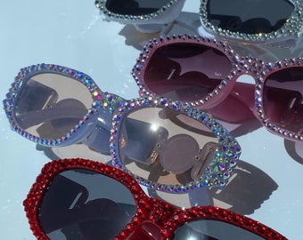 Crystal Sunglasses ft. Silver, Red, AB Unicorn | Unisex, Rectangle Octagon Shape, Gold Medallion | Rave, Festivals, Concert, Pride Accessory