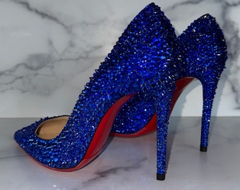 Bright Blue Crystal Red Bottom Authentic Luxury Leather Heels | Last Pair, Size US 7 EUR 37 | Perfect Holiday Present