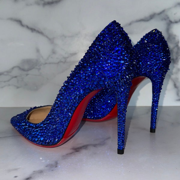 Chaussures à talons en cuir de luxe authentiques bleu vif à fond rouge | Dernière paire, taille US 7 EUR 37 | Cadeau parfait pour les fêtes
