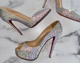 Peep Toe Stiletto Heels, Rainbow Unicorn Color Shifting Crystal Red Bottoms, One of a Kind, Rare Wedding, Bridal, Graduation, Fashion Bling