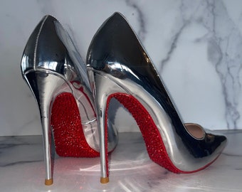 Silver Chrome Crystal Red Bottoms, Stiletto High Heel Pumps | Fashion Bling | Ready to Ship, Last pair | Bridal, Formal, Y2K, Homecoming