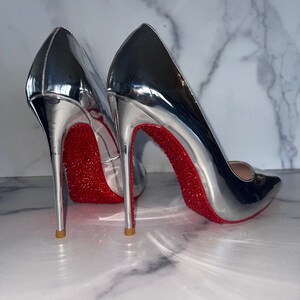 Silver Chrome Crystal Red Bottoms, Stiletto High Heel Pumps | Fashion Bling | Ready to Ship, Last pair | Bridal, Formal, Y2K, Homecoming