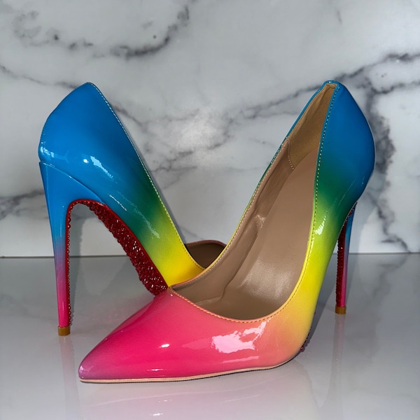 Rainbow Ombre Crystal Red Bottom Pumps, Hand Crystalled | 5 inch Stiletto Heel | Vegan Patent Leather | One of a Kind | Ships from the US