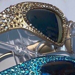 Gold Crystal Sunglasses | Fashion Accessory, Bling Wrap Around, Space Style with mirrored Lenses | Adult, Unisex | Fast US Shipping
