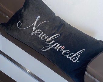 Newlyweds Black Velvet Pillow Cover| Hand Placed Crystals, Perfect for One of a Kind Wedding Gift, Just Married, Bride, Groom Gifts, Shower