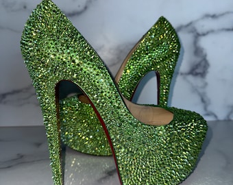 Peridot Green Crystal Red Bottom High Heel Stiletto Pumps | Authentic, Leather Red Bottoms | Upcycled with Color Shifting Crystals | US 8