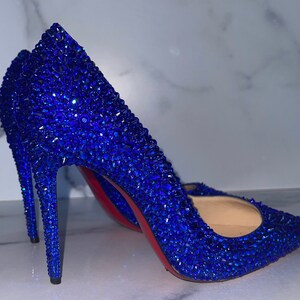 Bright Blue Crystal Red Bottom Authentic Luxury Leather Heels Last Pair, Size US 7 EUR 37 Perfect Holiday Present image 3