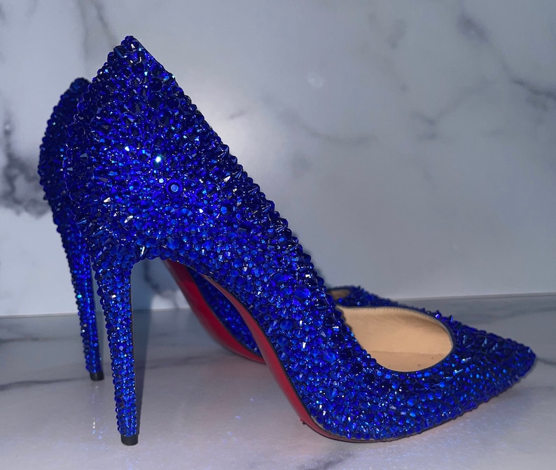 Bright Blue Crystal Red Bottom Authentic Luxury Leather Heels Last Pair, Size US 7 EUR 37 Perfect Holiday Present image 3