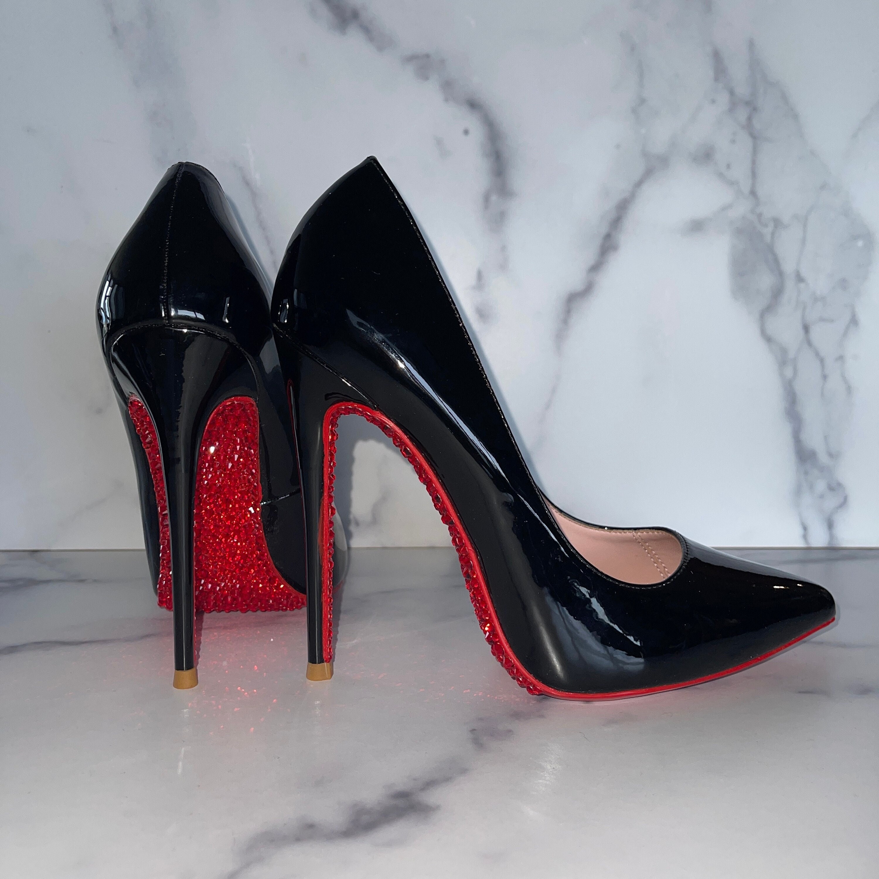 shoes, high heels, red sole, strappy black heels, prom - Wheretoget
