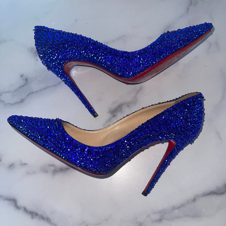 Bright Blue Crystal Red Bottom Authentic Luxury Leather Heels Last Pair, Size US 7 EUR 37 Perfect Holiday Present image 2