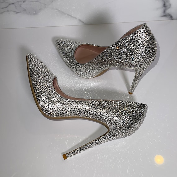 Silver Glass Bridal Wedding Shoes Classics Bling Crystal High