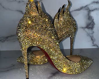 Tacones de llama Christian Louboutin con cristales dorados • Suelas rojas auténticas recicladas