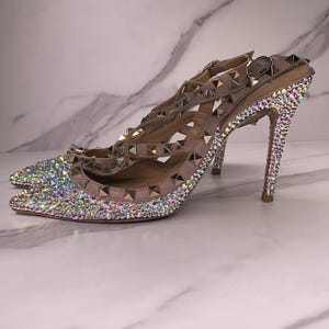 Full pair of Valentino Rockstud heels restored with AB crystals – standing side profile