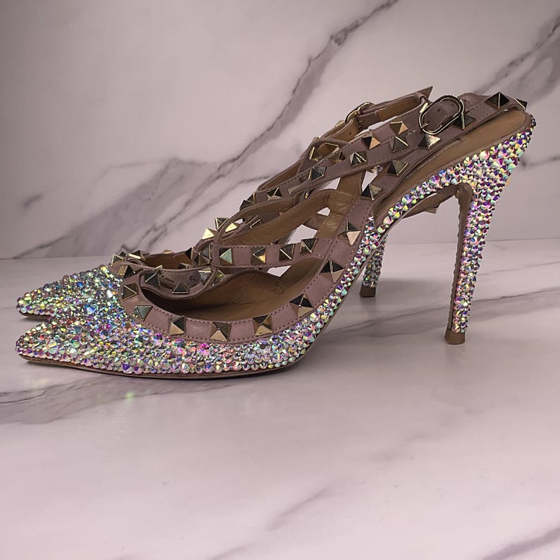 Full pair of Valentino Rockstud heels restored with AB crystals – standing side profile