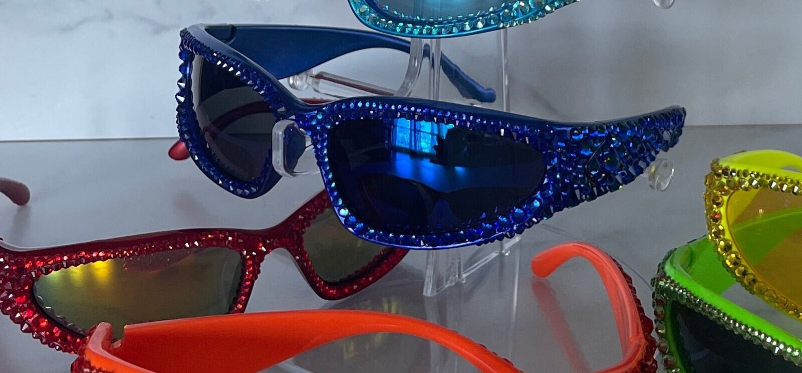 Bright Blue Sunnies | Italian Inspired, Wrap Around Sunglasses with Blue Crystals | A Vibe for Concerts, Pride, Festival, Theme Parties