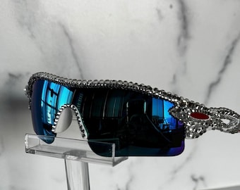 Gafas de sol envolventes con lentes de espejo personalizadas con brillantes cristales de diamante plateado, unisex para adultos, envío rápido a EE. UU., para conciertos y fiestas.