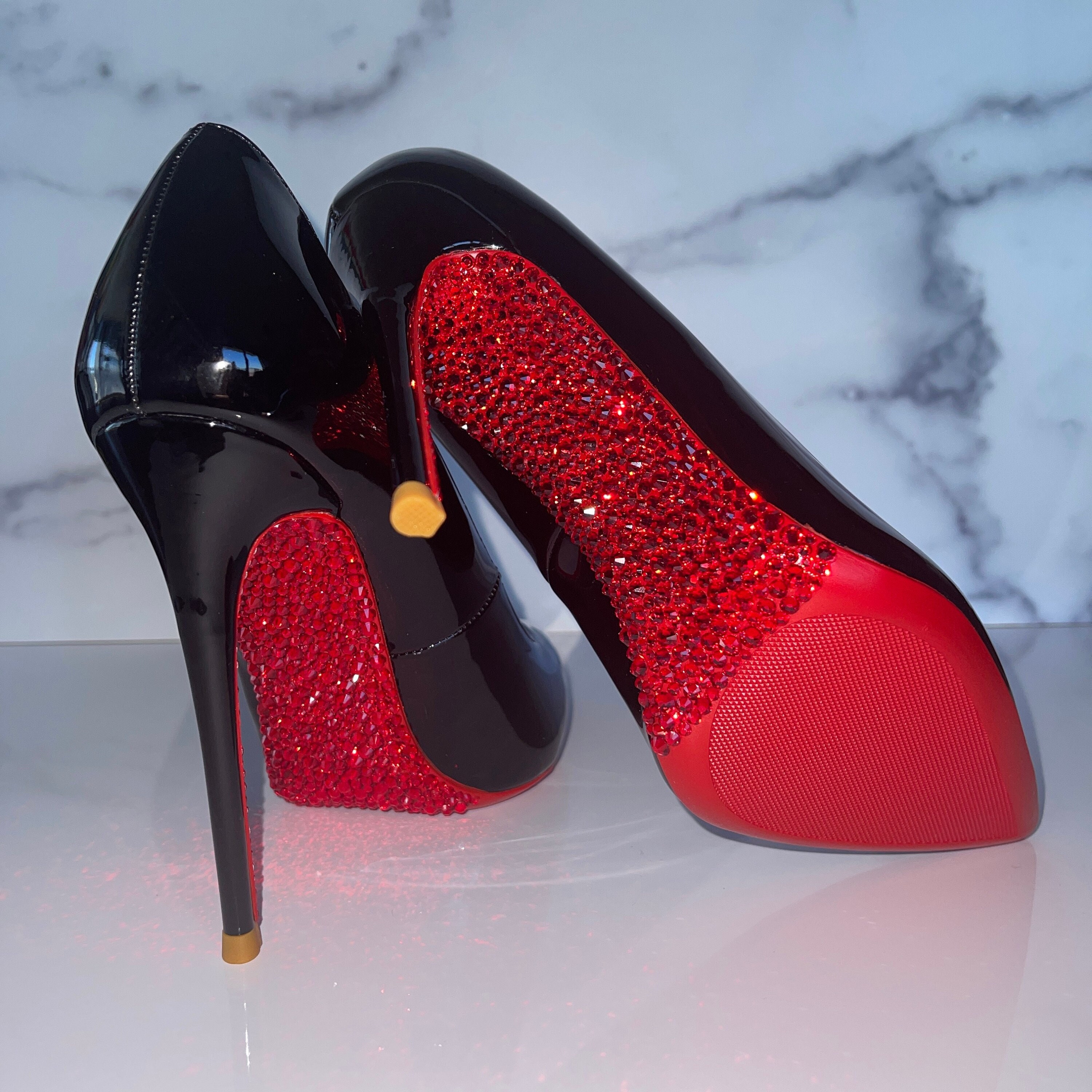 Crystal Red Bottoms, Stiletto Pumps | Formal, Party, Prom, Y2K, US Size 7,  Last Pair |Black Vegan Patent Red Bottoms | Free US Shipping