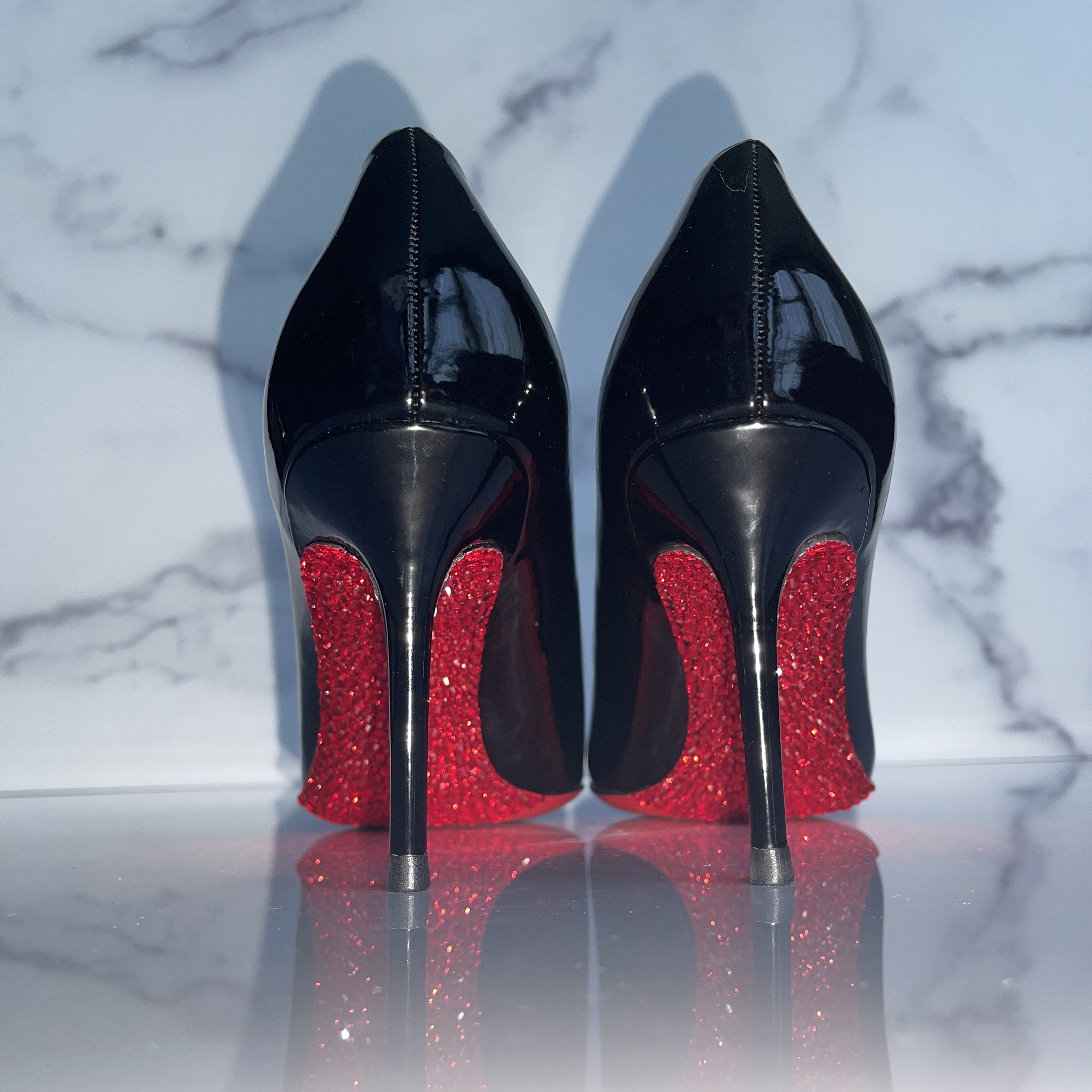 Black Red Bottom Kitten Heel Pumps, Hand Crystaled 3 Inch Heel Size US 6-11  Vegan Patent Leather Ships From US 