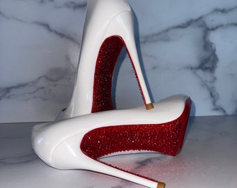 Crystal Red Bottoms, Stiletto Pumps | Formal, Party, Y2K, US Size 6 to 11 Available, White Vegan Patent Red Bottoms | Ships from US