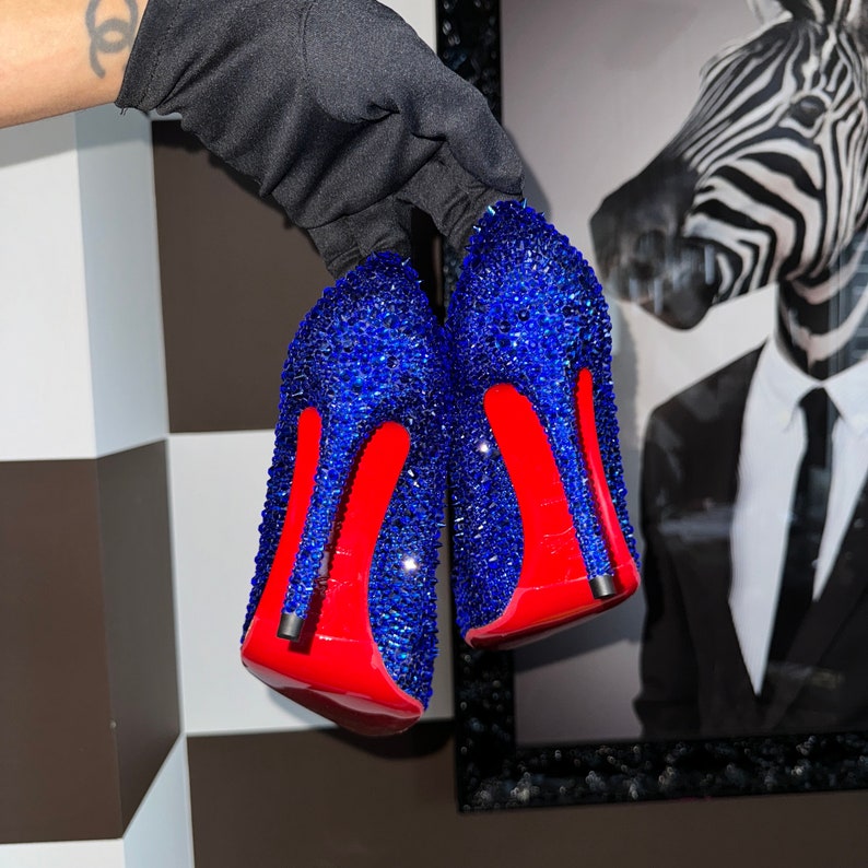 Bright Blue Crystal Red Bottom Authentic Luxury Leather Heels Last Pair, Size US 7 EUR 37 Perfect Holiday Present image 7