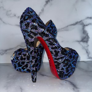Christian Louboutin Blue Leopard Crystal Heels – One-of-a-Kind Couture Stilettos, Fully Hand-Embellished