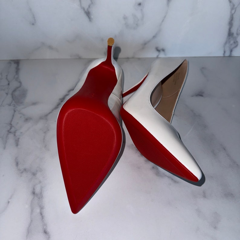 White Stiletto Heels with Red Bottoms No Crystals US Size 6 to 11 Available, White Vegan Patent Red Bottoms Ships from US image 3