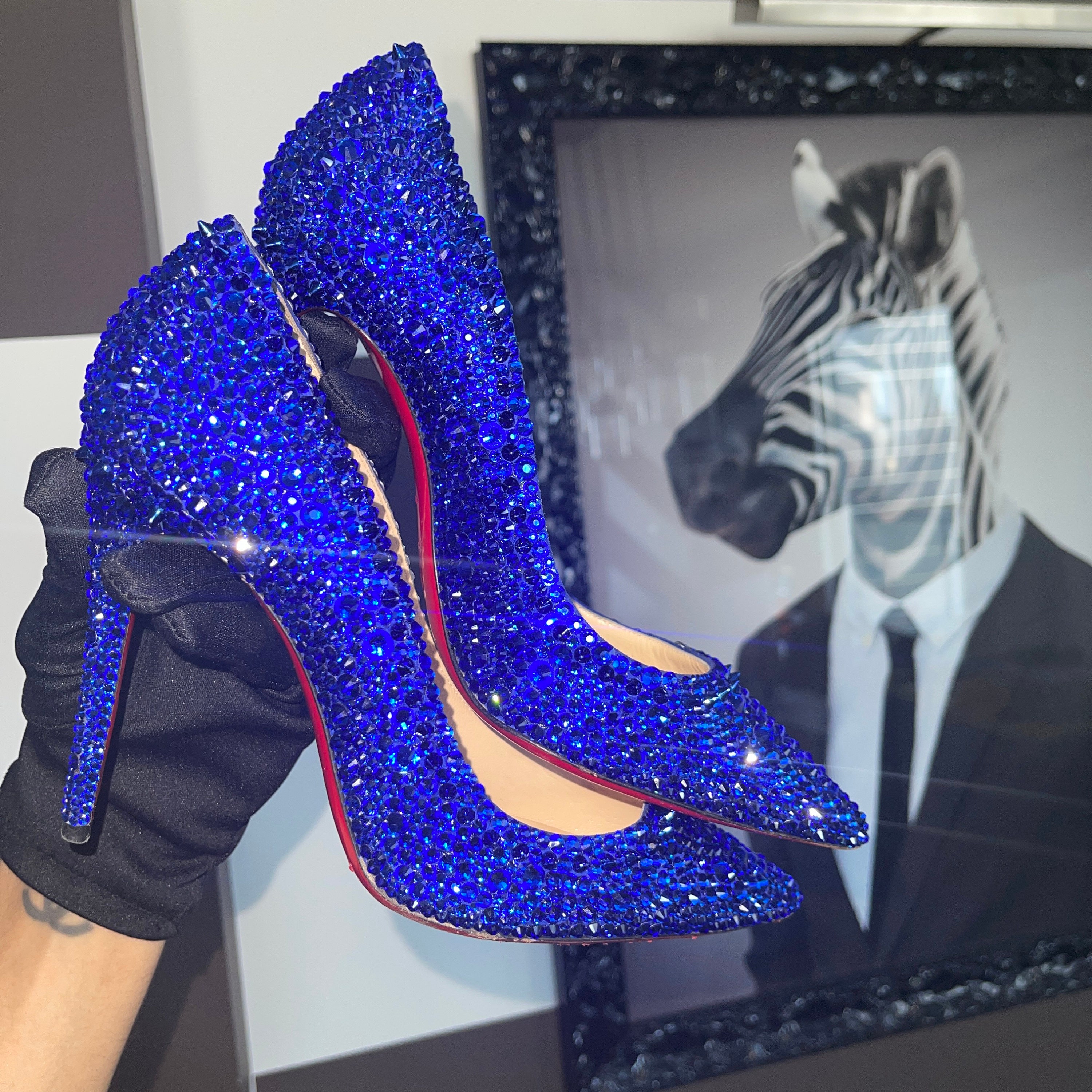 Bright Blue Crystal Red Bottom Authentic Luxury Leather Heels Last Pair Size US 7 EUR 37 Perfect One of a Kind Unique Gift Present Etsy Hong Kong