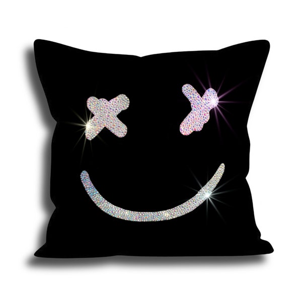 Pillow Cover with Smiley Face Design, Select from Glitter or a Hand-Crystaled Design | Ships from US | Pillow Insert is Not Included