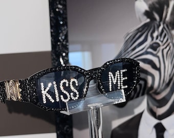 Kiss Me Bling Mirror Sunglasses with Text | Hand Crystaled, Adult, Unisex. Unique Gift | Festival, Concert Style, Y2K Vibes, Pride