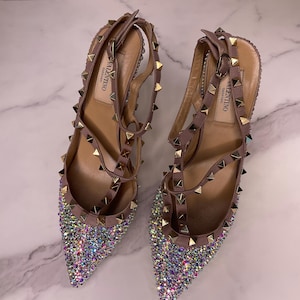 Authentic Valentino Garavani Rockstud heels restored with AB crystals – front view showing pointed toe and full crystal coverage