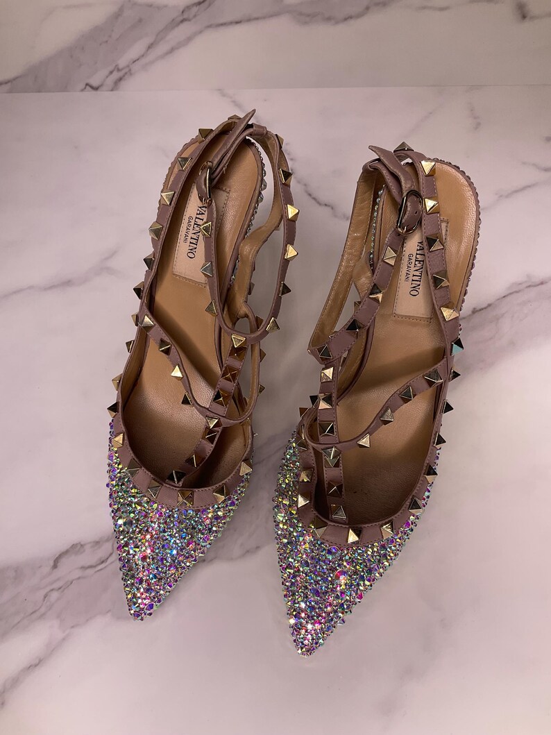 Authentic Valentino Garavani Rockstud heels restored with AB crystals – front view showing pointed toe and full crystal coverage