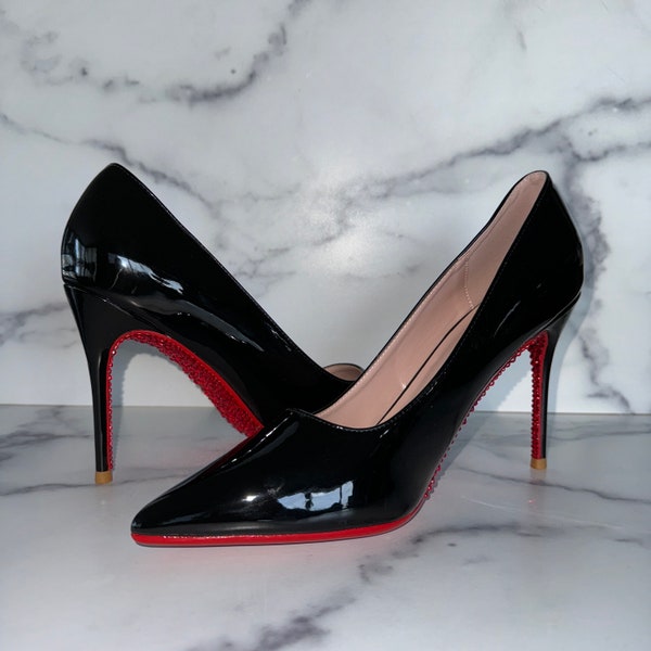 Black Red Bottom Pumps with Expertly, Hand Placed Red Crystals | 4 Inch Heel | Vegan Patent Leather | Ships Fast from the US