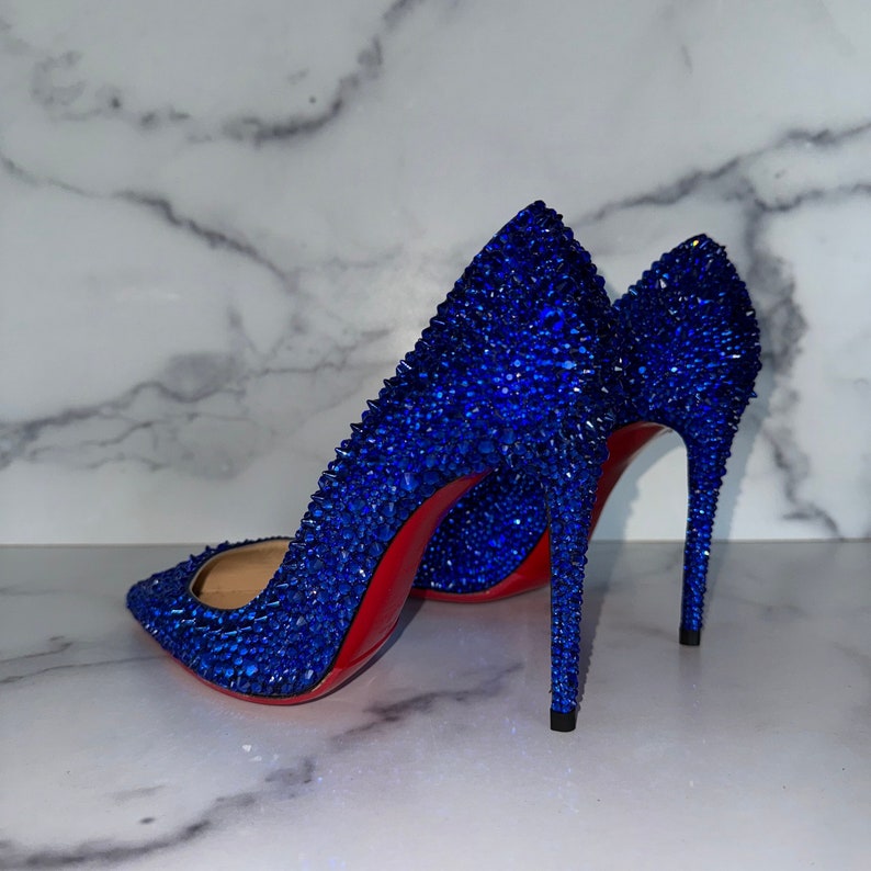 Bright Blue Crystal Red Bottom Authentic Luxury Leather Heels Last Pair, Size US 7 EUR 37 Perfect Holiday Present image 1