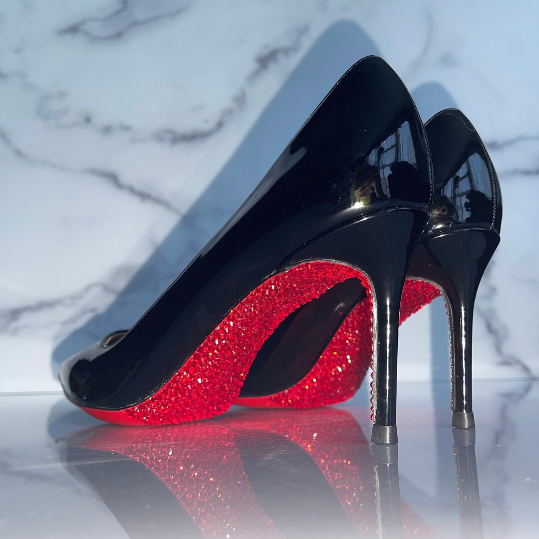 Black Red Bottom Kitten Heel Pumps, Hand Crystaled 3 Inch Heel Vegan