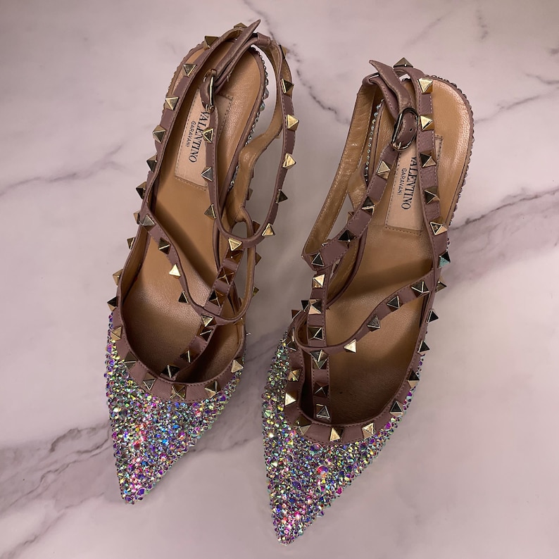Authentic Valentino Garavani Rockstud heels restored with AB crystals – front view showing pointed toe and full crystal coverage
