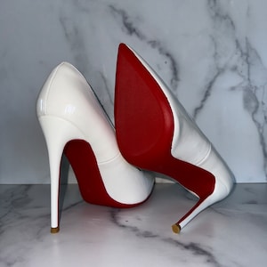 White Stiletto Heels with Red Bottoms No Crystals US Size 6 to 11 Available, White Vegan Patent Red Bottoms Ships from US image 1