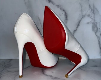 White Stiletto Heels with Red Bottoms (No Crystals) | US Size 6 to 11 Available, White Vegan Patent Red Bottoms | Ships from US